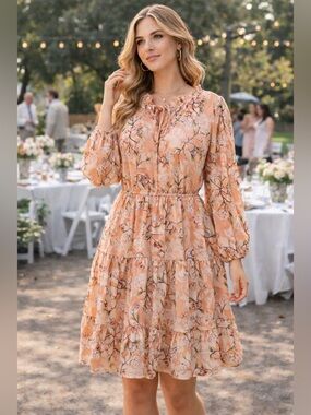 Kate and Lily Peach Floral Tiered Boho Dress Size 10 Cottagecore Babydoll Flowy